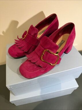 Prada Fuchsia Suede Kiltie Loafers with Gold Buckle